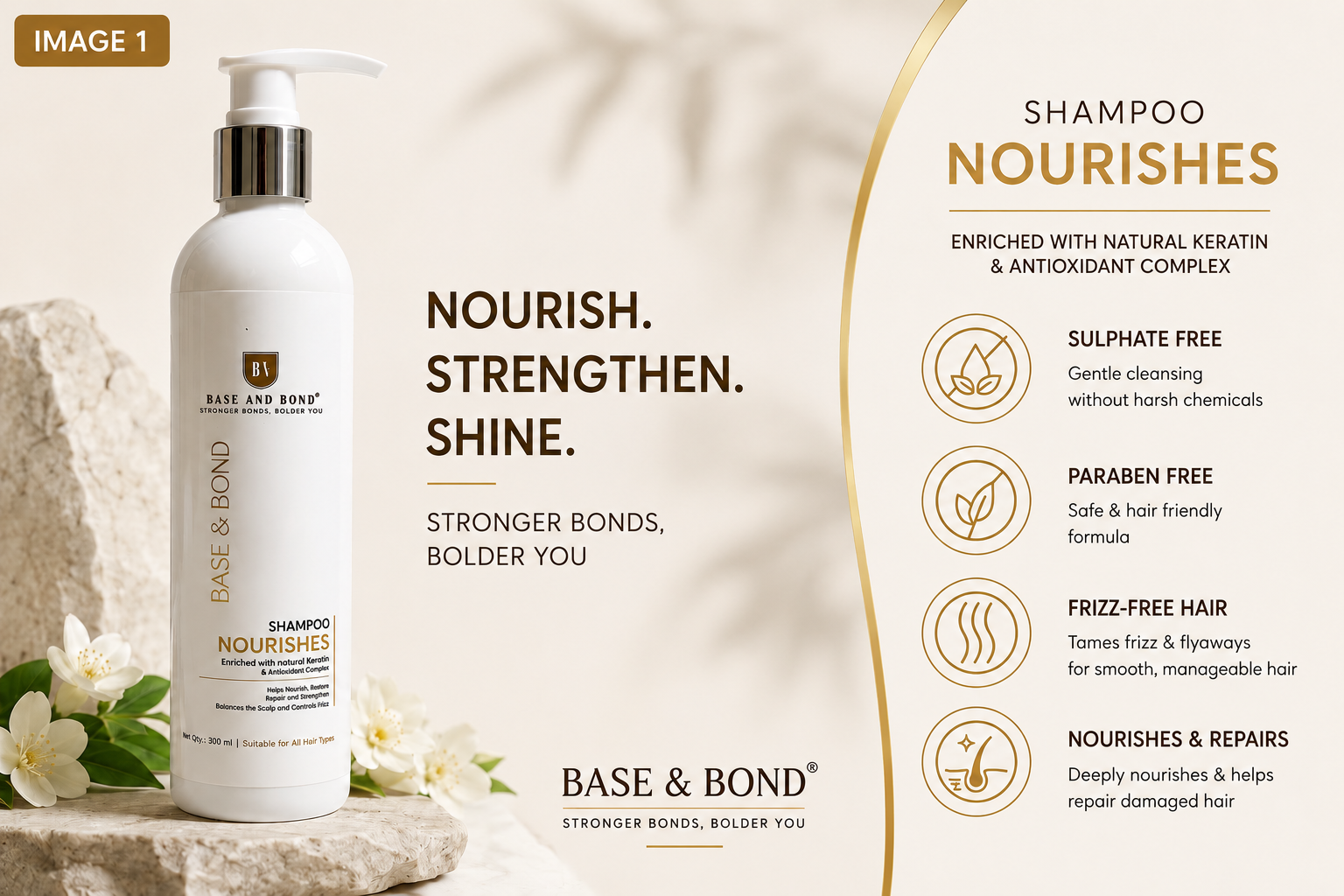 Base & Bond Bond Repair Shampoo | Sulphate Free Professional Hair Shampoo | With Keratin & Shikakai | Repairs Dry, Damaged & Chemically Treated Hair | Smooth & Frizz Control | 300 ml